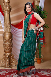 Deep Green & Maroon Red Handloom Cotton Saree-Craftyle