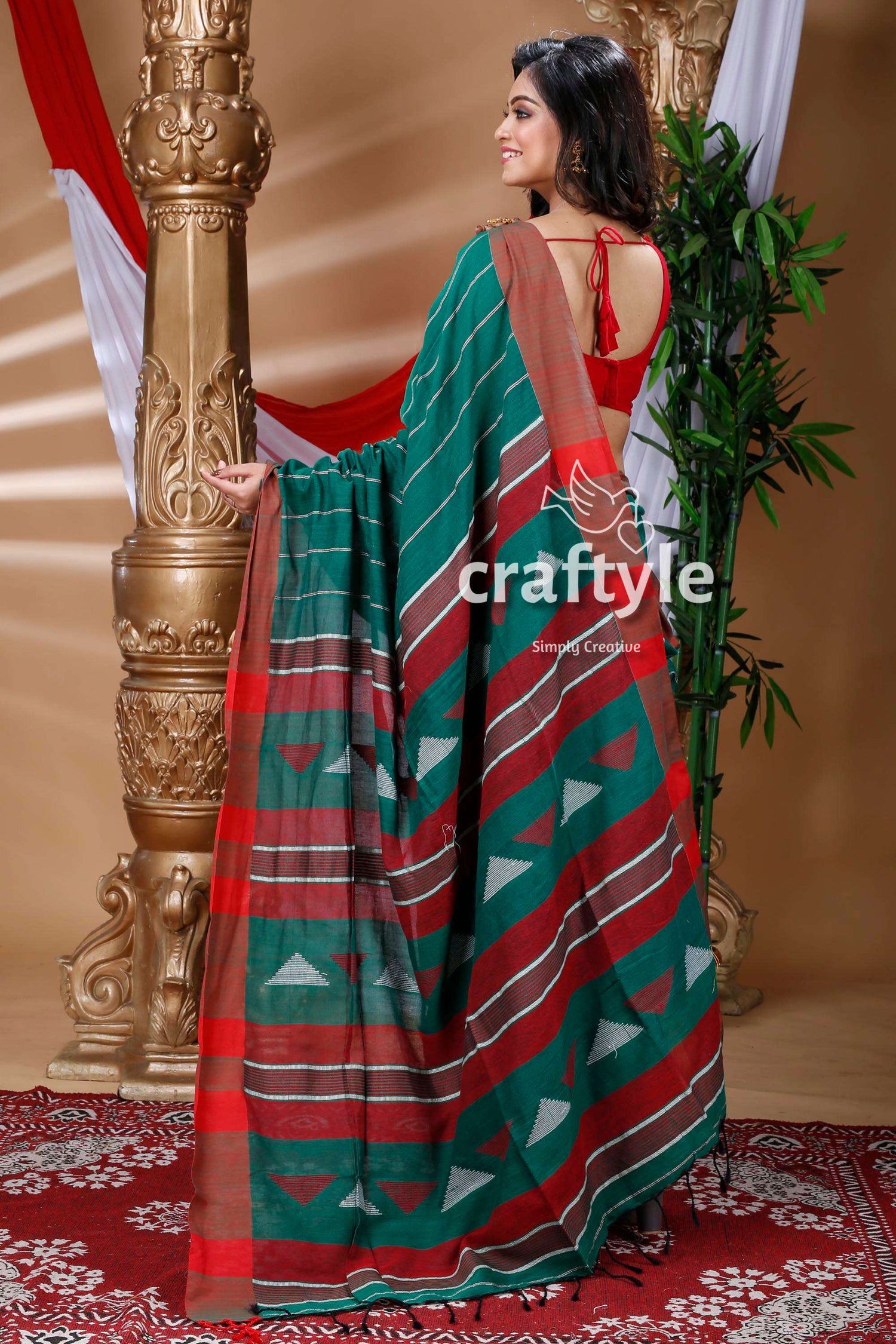 Deep Green &amp; Maroon Red Handloom Cotton Saree-Craftyle