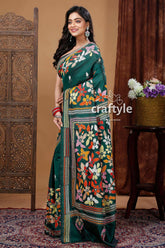 Deep Green Silk Kantha Stitch Saree with Floral Motif Design-Craftyle