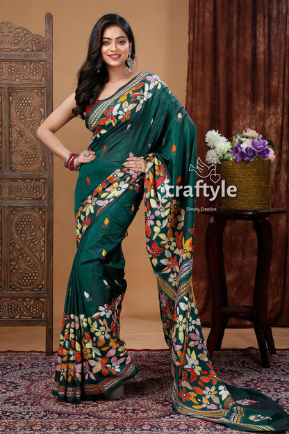 Deep Green Silk Kantha Stitch Saree with Floral Motif Design-Craftyle