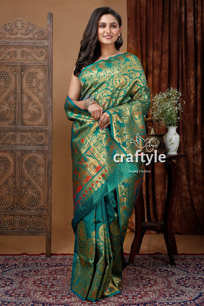 Deep green soft silk swarnachari saree golden zari meena work woman green gold saree 5