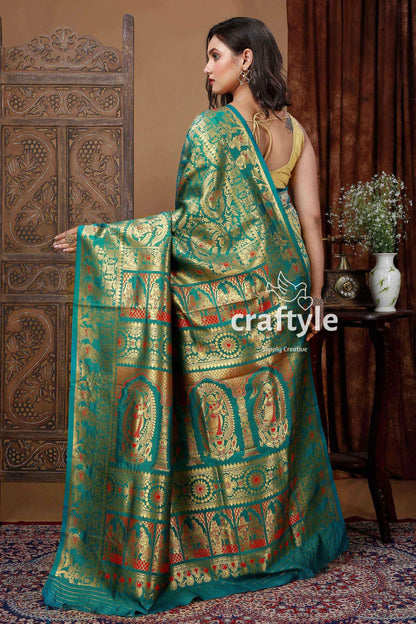 Deep green soft silk swarnachari saree golden zari meena work teal gold patterned saree 4
