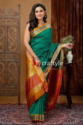 Deep green zari border bomkai soft silk saree woman green gold saree 5
