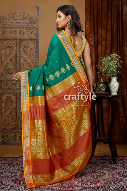Deep green zari border bomkai soft silk saree green orange silk saree 4