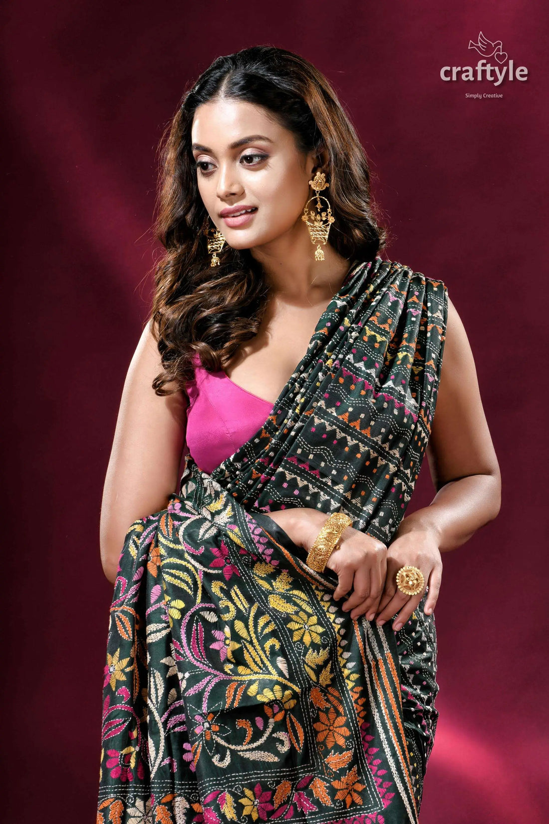 Deep jungle green flower artistry kantha stitch silk saree embroidered floral saree 2