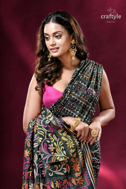 Deep jungle green flower artistry kantha stitch silk saree embroidered floral saree 2