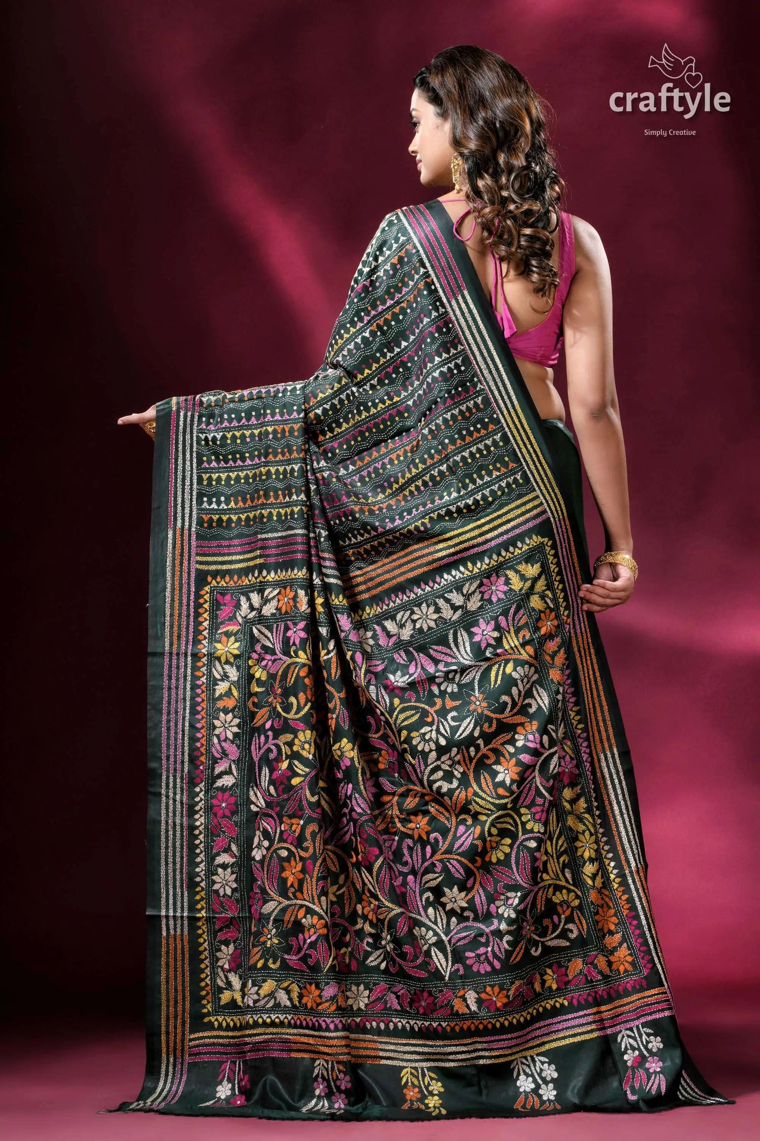 Deep jungle green flower artistry kantha stitch silk saree embroidered floral saree 5