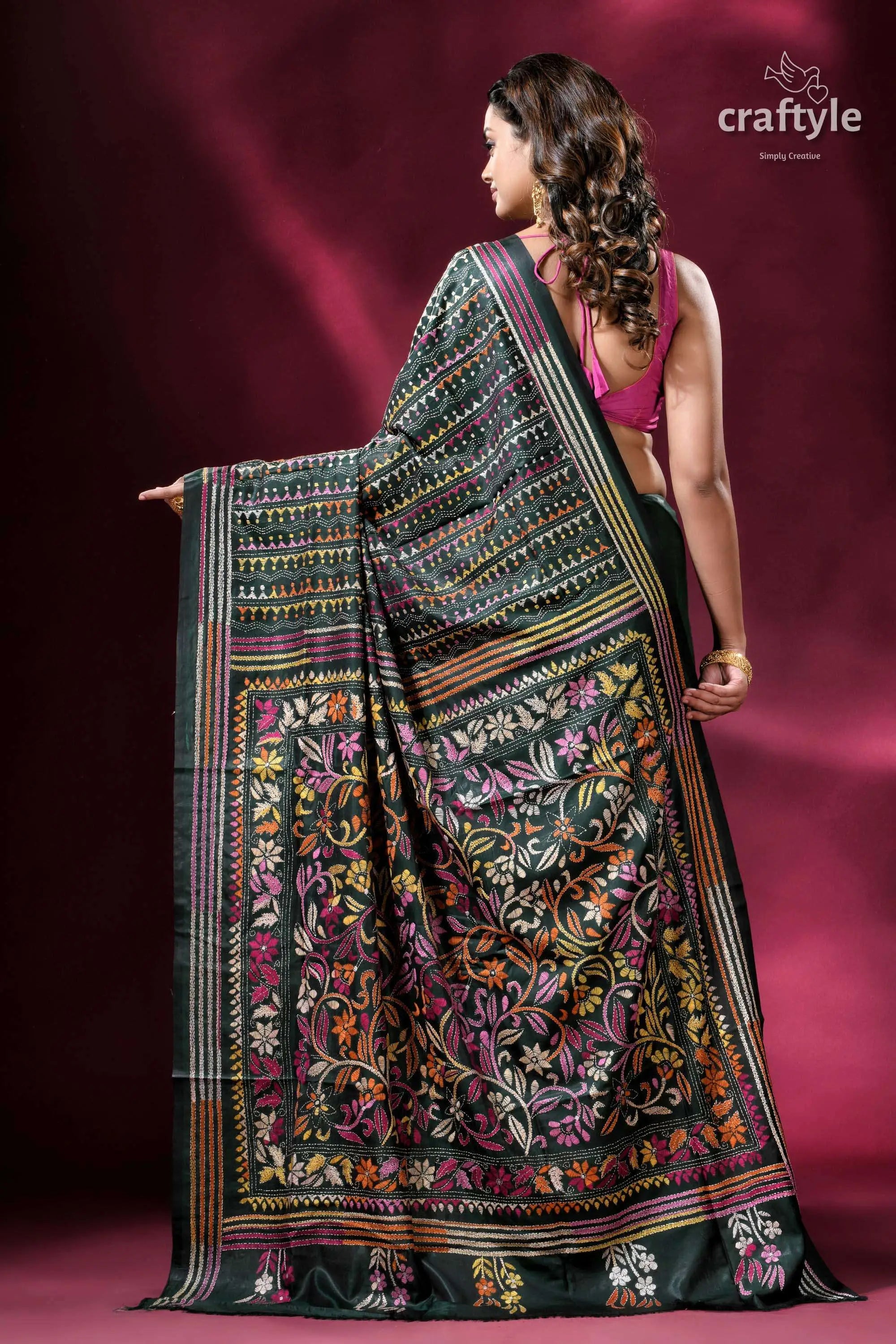 Deep jungle green flower artistry kantha stitch silk saree embroidered floral saree 5