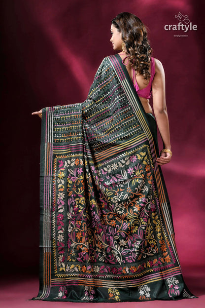 Deep jungle green flower artistry kantha stitch silk saree embroidered floral saree 5
