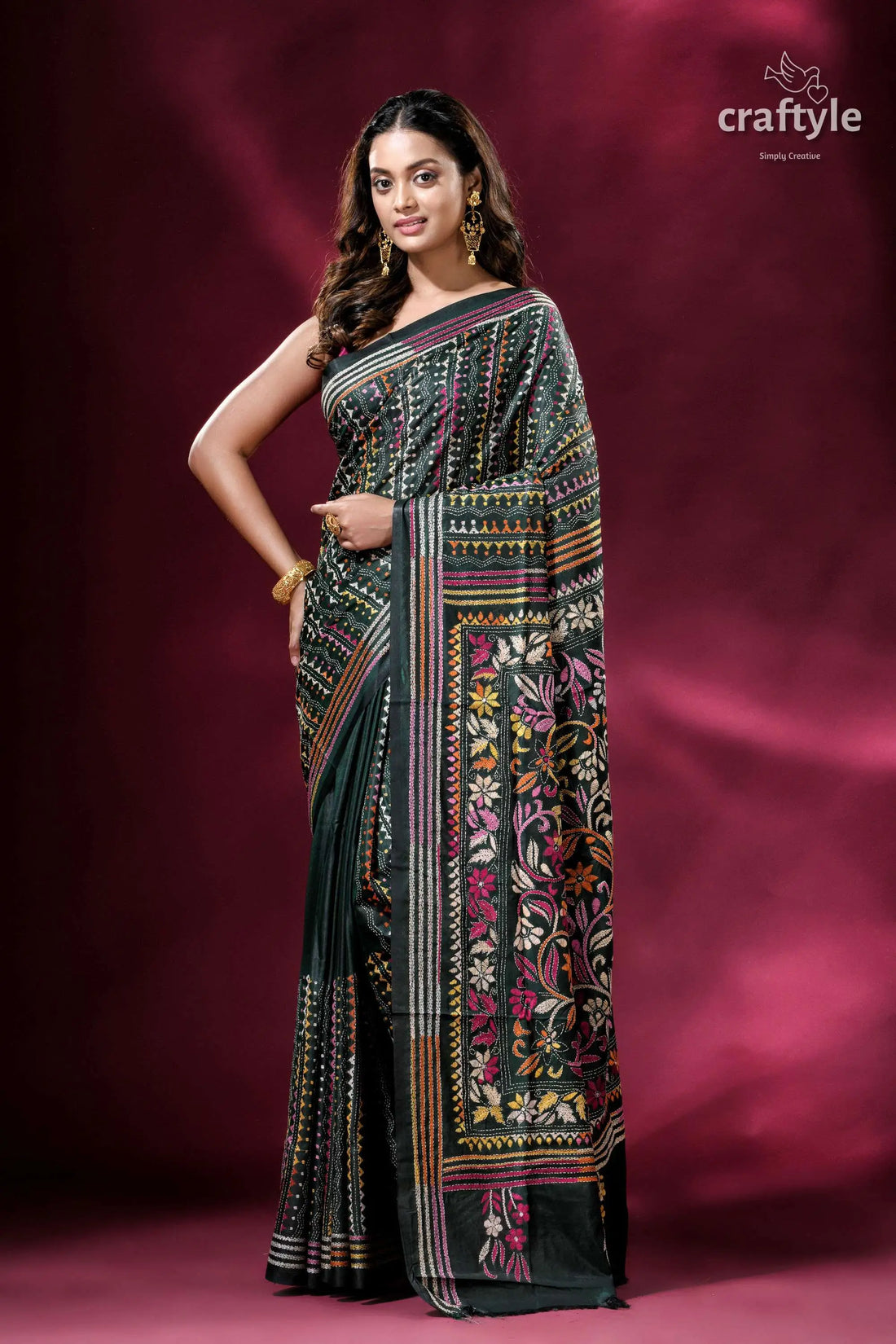 Deep jungle green flower artistry kantha stitch silk saree elegant dark green saree floral 1