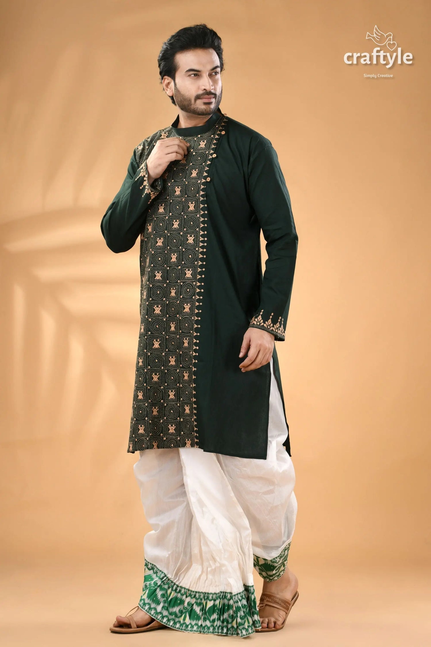 Deep jungle green kantha work cotton punjabi for men men’s dark green asymmetrical kurta 4