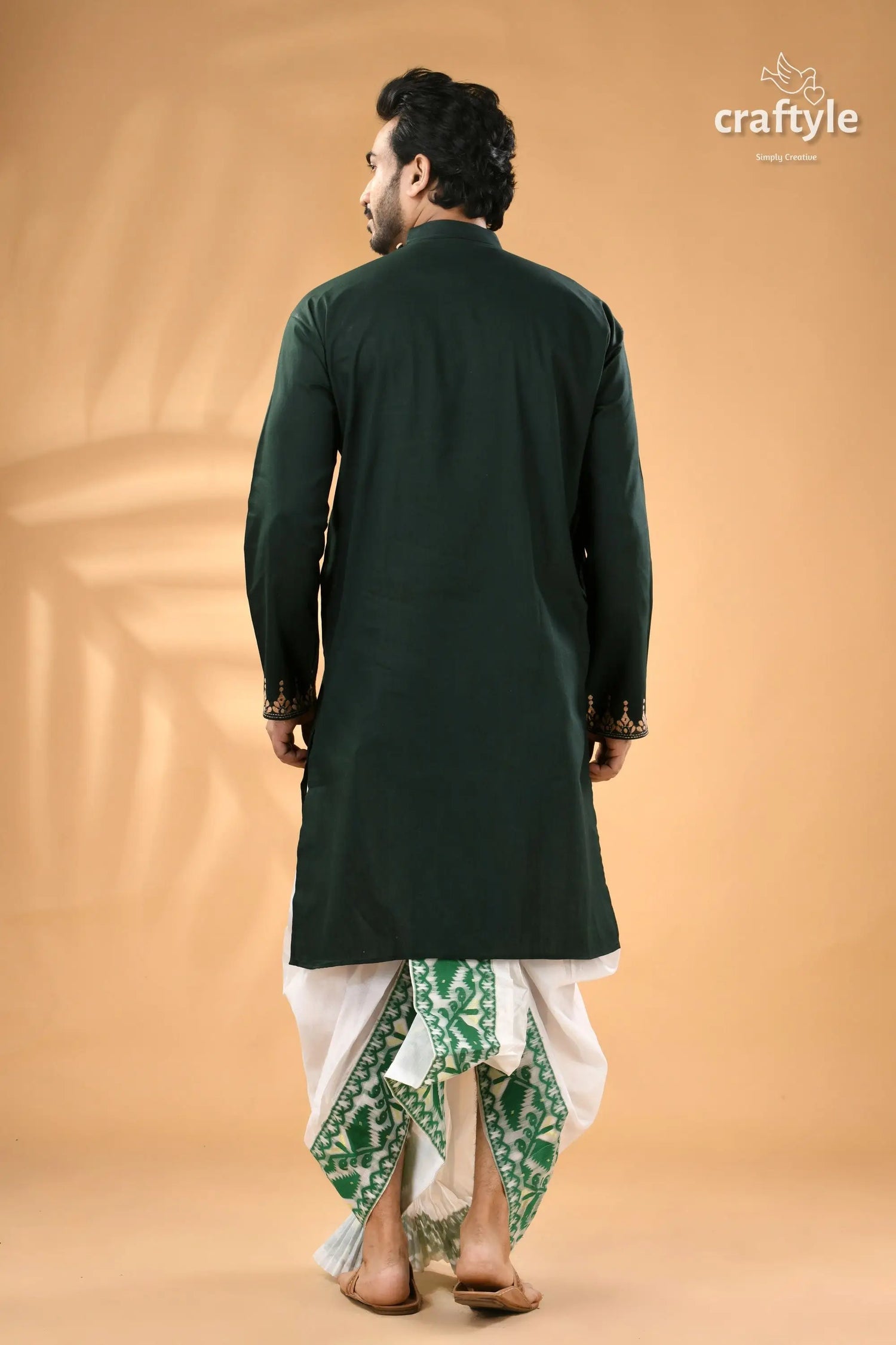 Deep jungle green kantha work cotton punjabi for men men’s dark green kurta white 6
