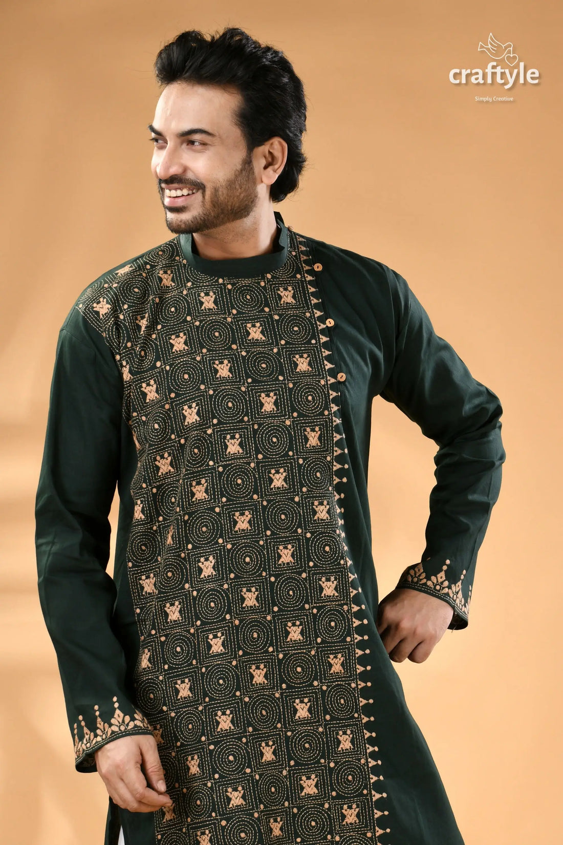 Deep jungle green kantha work cotton punjabi for men men’s dark green asymmetrical kurta 2
