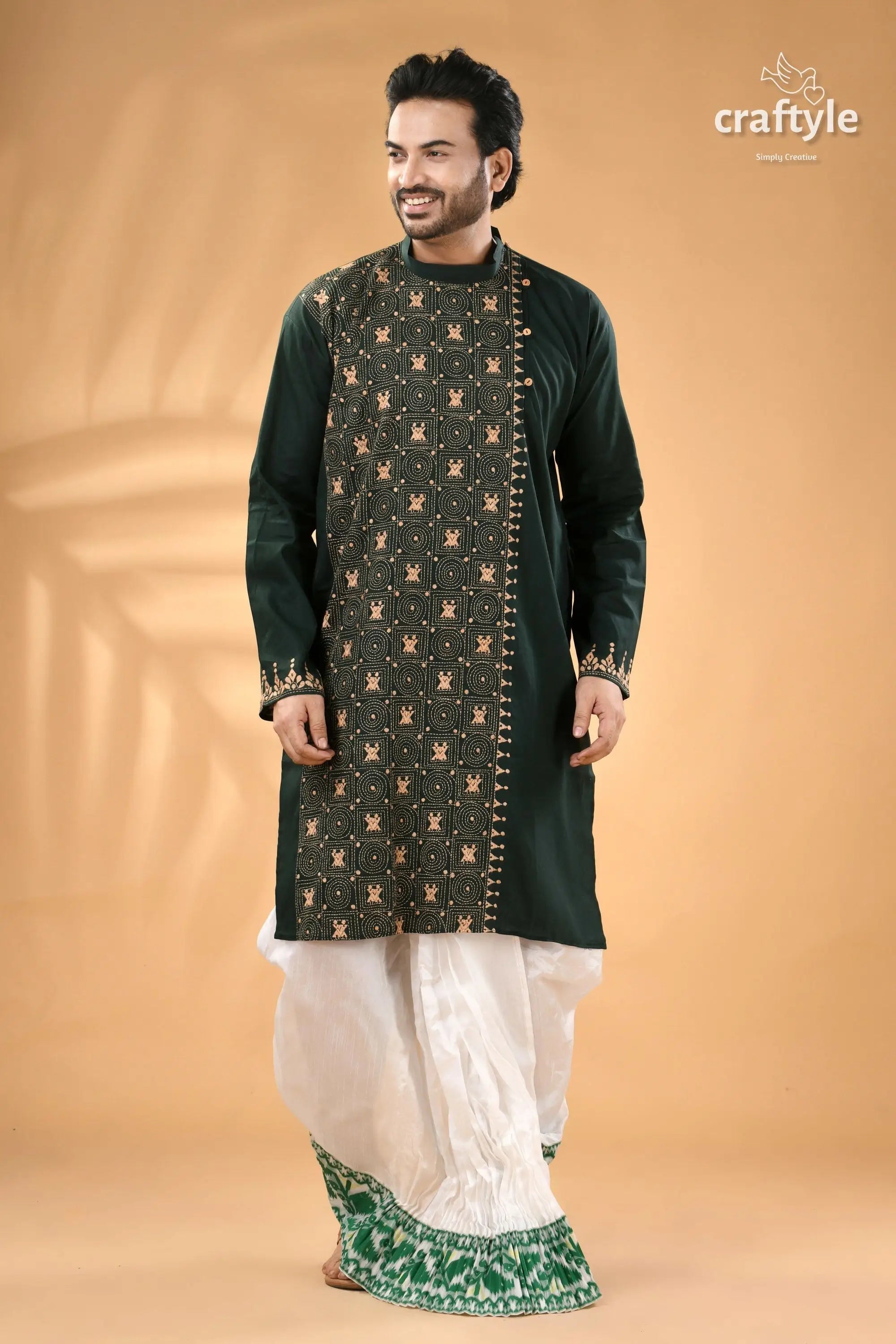 Deep jungle green kantha work cotton punjabi for men men’s dark green patterned kurta 5
