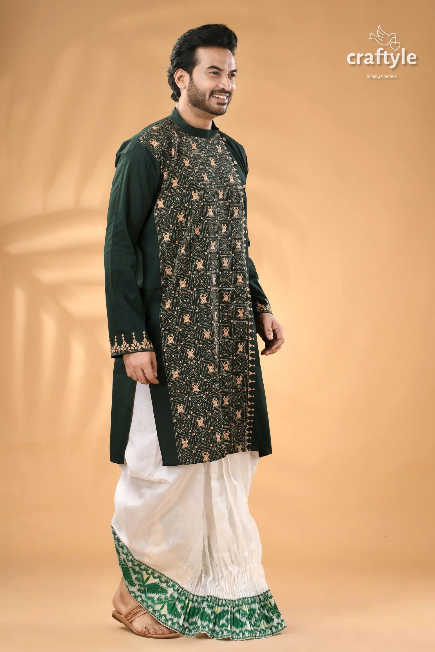 Deep jungle green kantha work cotton punjabi for men men’s dark green long sleeved kurta 3