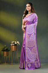 Deep lavender silk gujrati stitch saree with hand embroidered ethnic motif 3