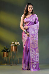 Deep lavender silk gujrati stitch saree with hand embroidered ethnic motif 6