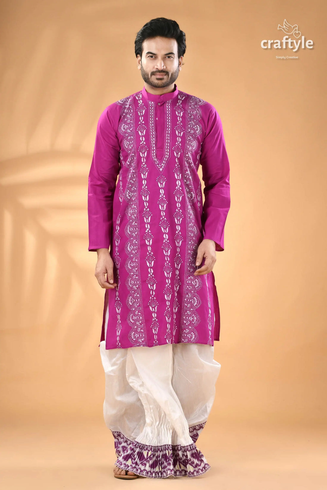 Deep magenta kantha stitch designer cotton panjabi for men men’s magenta embroidered kurta white 1