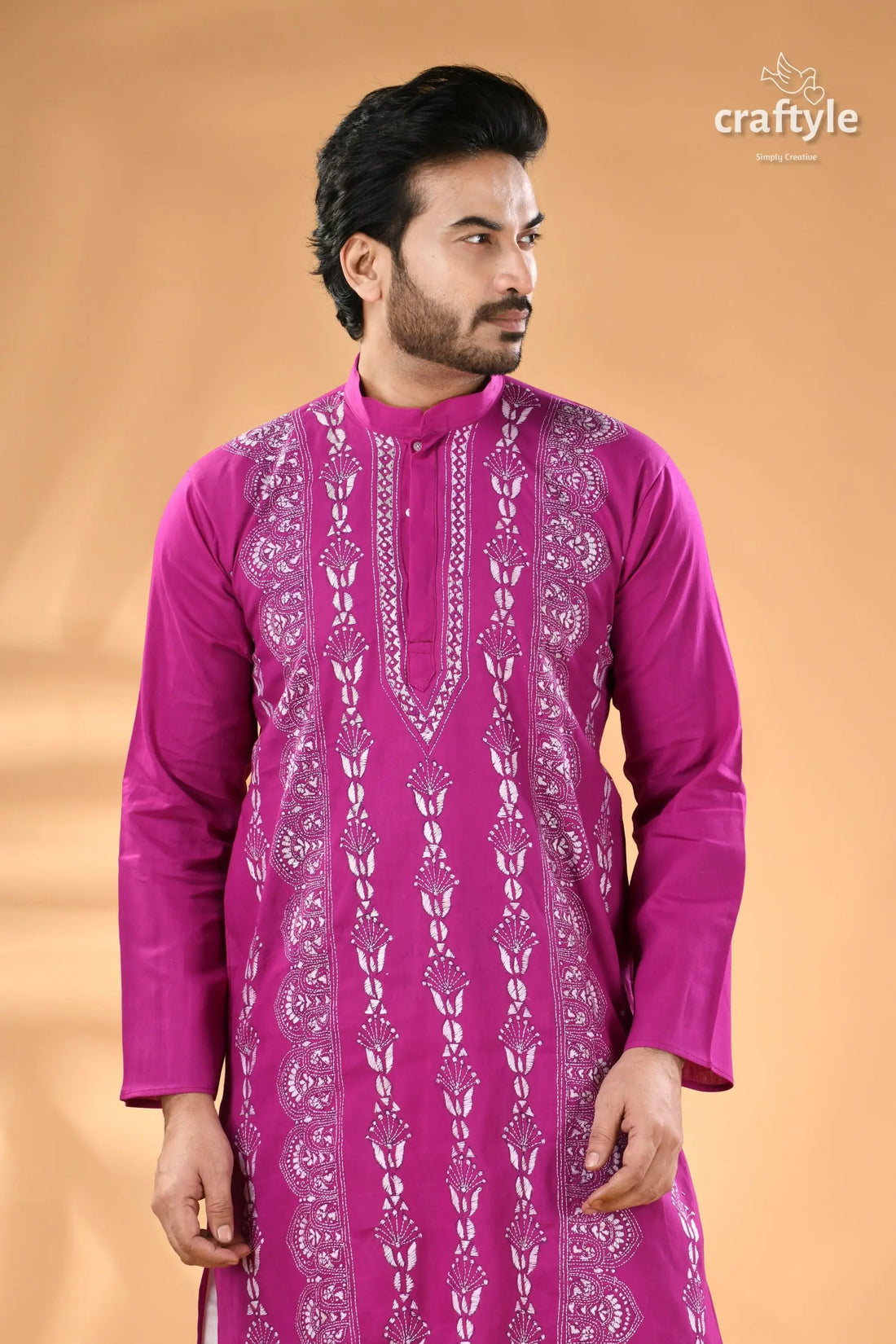 Deep magenta kantha stitch designer cotton panjabi for men men’s magenta embroidered long sleeve kurta 2