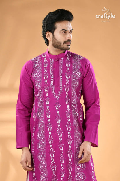 Deep magenta kantha stitch designer cotton panjabi for men men’s magenta embroidered long sleeve kurta 2