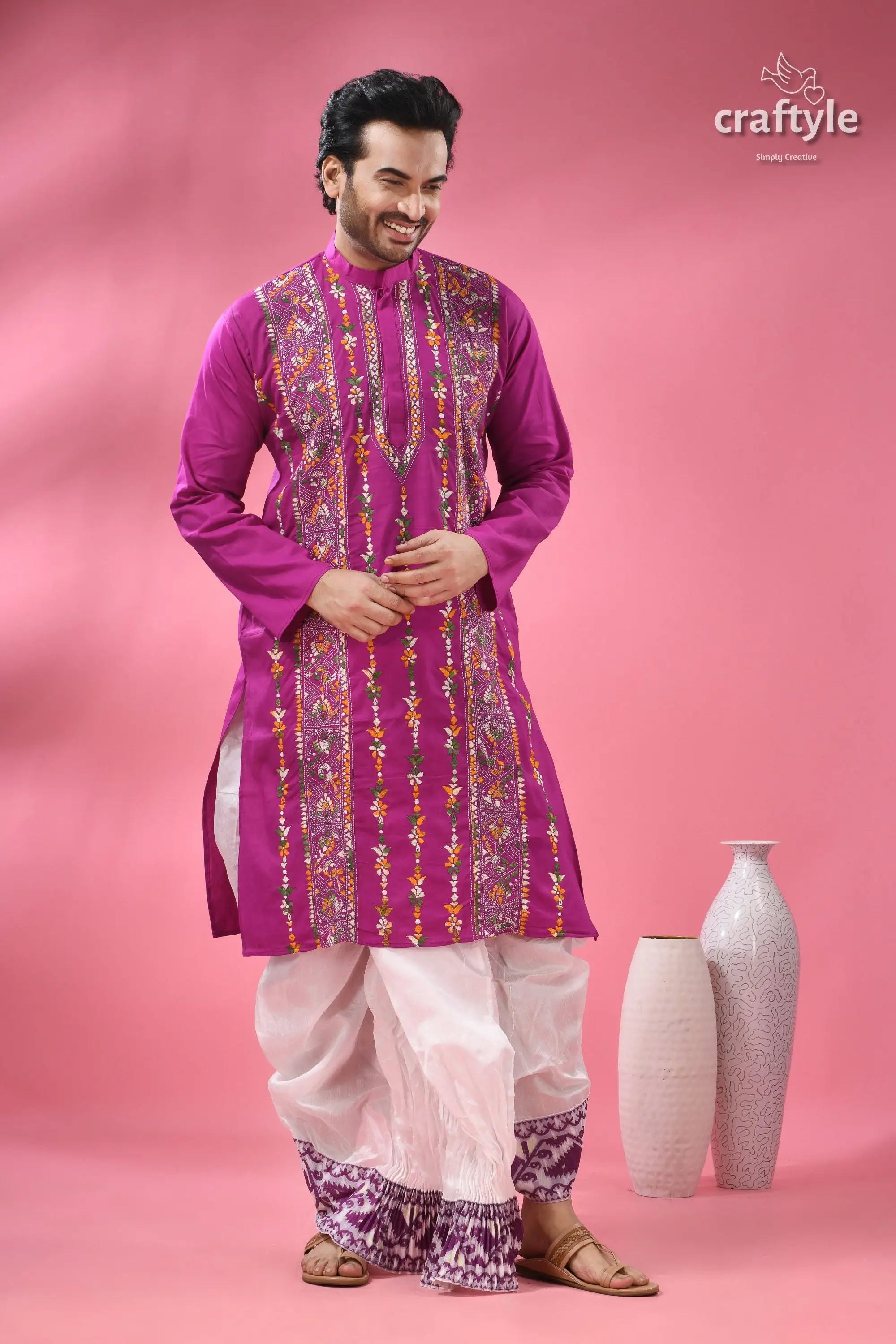 Deep majenta multithread kantha stitch cotton kurta for men men’s magenta embroidered kurta white 5