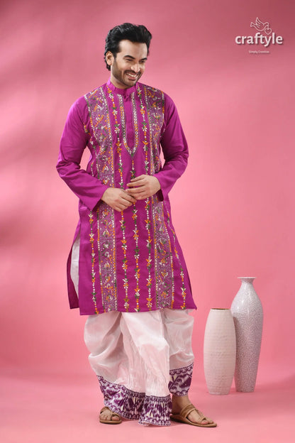 Deep majenta multithread kantha stitch cotton kurta for men men’s magenta embroidered kurta white 5