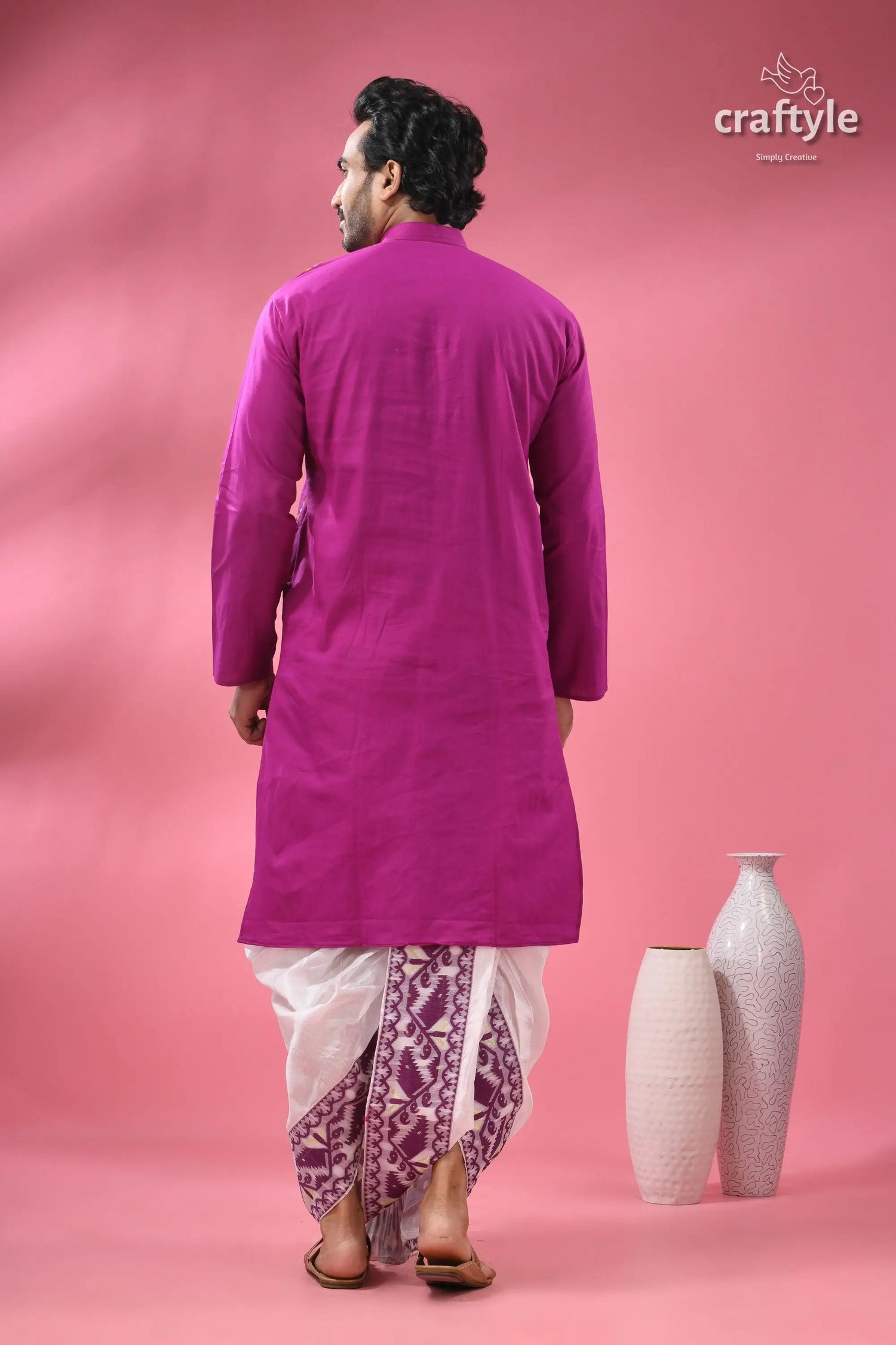 Deep majenta multithread kantha stitch cotton kurta for men men’s magenta kurta white printed 7