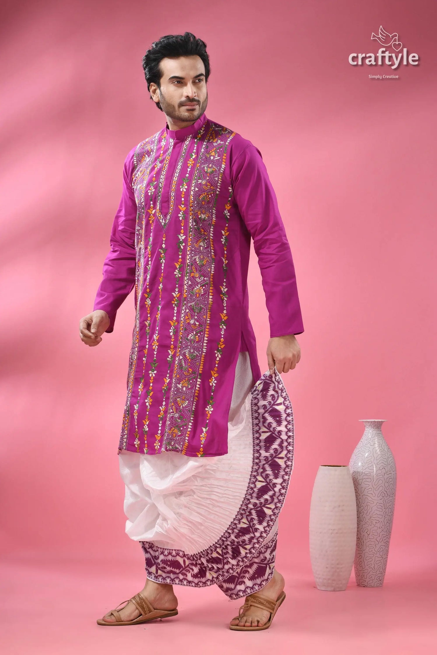 Deep majenta multithread kantha stitch cotton kurta for men men’s magenta embroidered kurta white 6