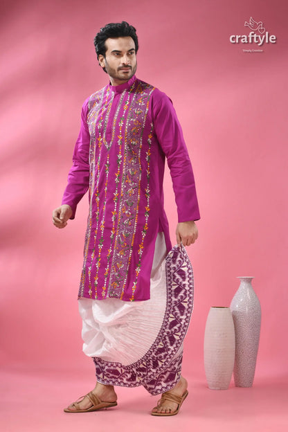 Deep majenta multithread kantha stitch cotton kurta for men men’s magenta embroidered kurta white 6