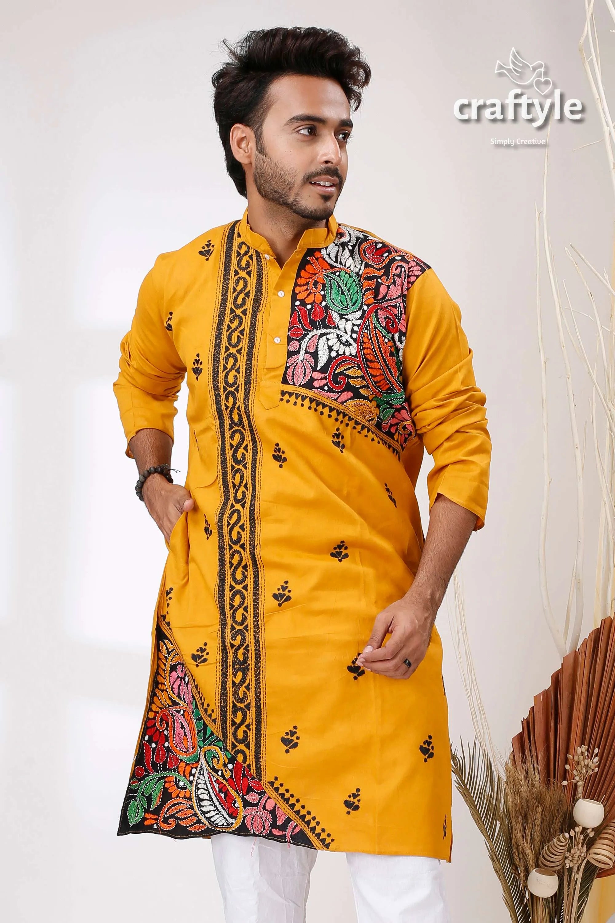 Deep marigold yellow kantha work hand embroidered cotton kurta vibrant intricate floral 2