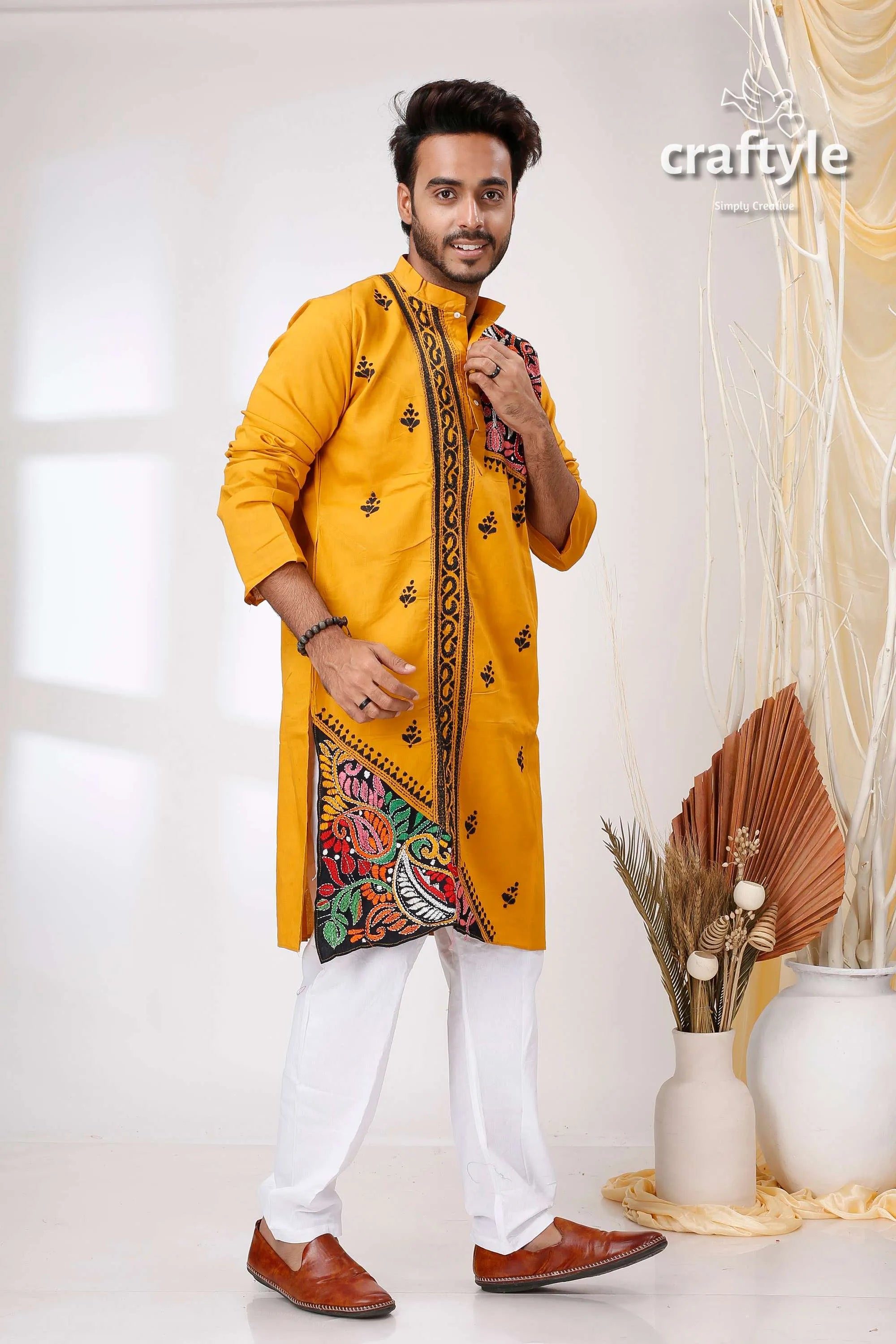 Deep marigold yellow kantha work hand embroidered cotton kurta vibrant intricate 4