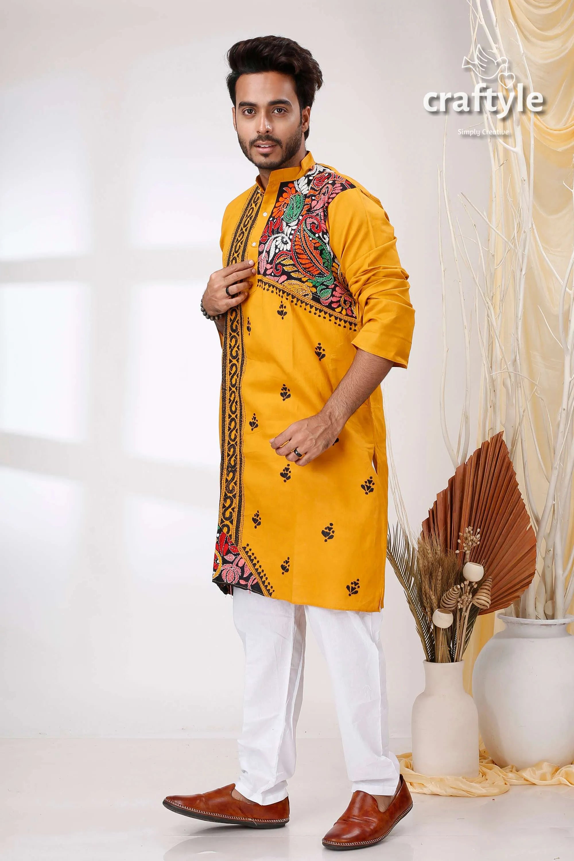 Deep marigold yellow kantha work hand embroidered cotton kurta vibrant intricate multicolored 3