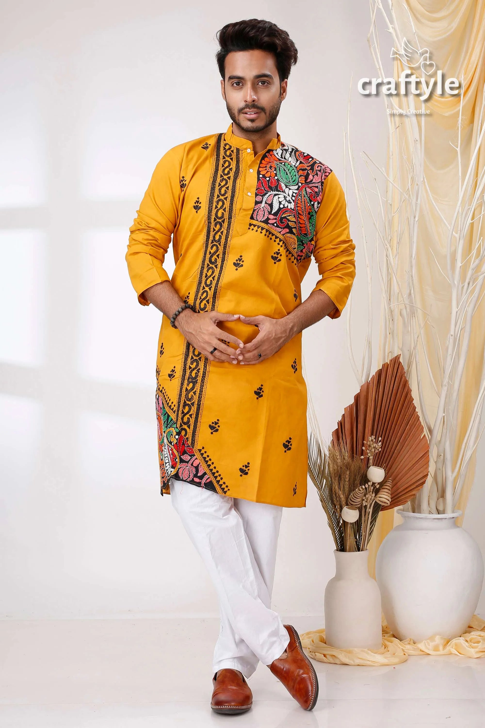 Deep marigold yellow kantha work hand embroidered cotton kurta vibrant intricate multicolored 1