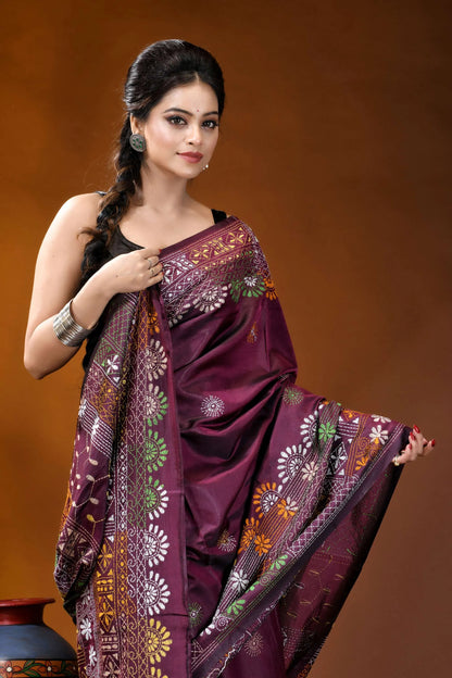 Deep plum multi-thread floral handcrafted silk lambani embroidery saree rich maroon silk saree adorned 2