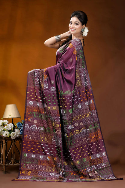 Deep plum multi-thread floral handcrafted silk lambani embroidery saree rich maroon silk saree adorned 4