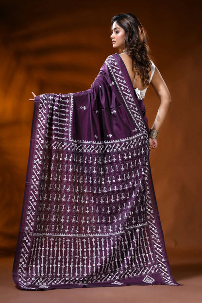 Deep plum silk gujarati stitch saree with paisley motif mirror work 5