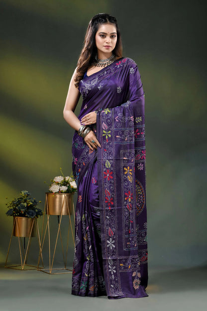 Deep purple fish motif hand embroidered multi-thread kantha silk saree 1