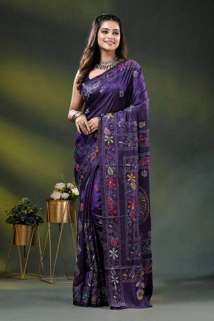 Deep purple fish motif hand embroidered multi-thread kantha silk saree 2