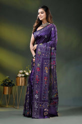 Deep purple fish motif hand embroidered multi-thread kantha silk saree 3