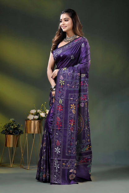 Deep purple fish motif hand embroidered multi-thread kantha silk saree 3