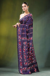 Deep purple floral vine handcrafted silk kantha stitch saree intricate red 3