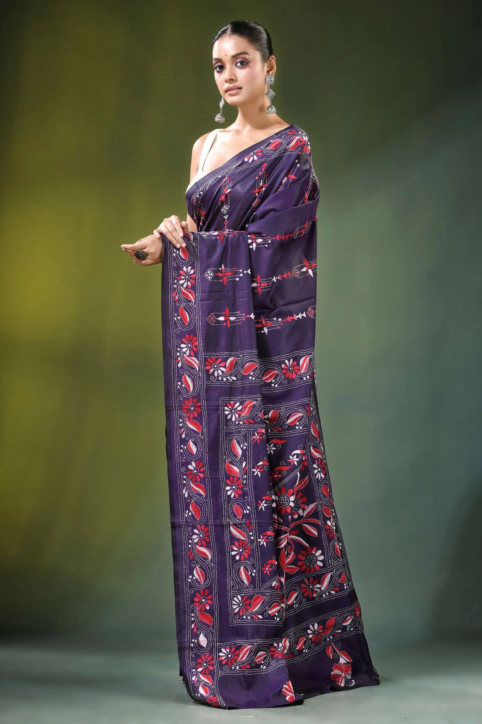 Deep purple floral vine handcrafted silk kantha stitch saree intricate red 3
