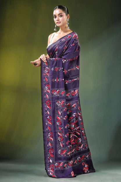 Deep purple floral vine handcrafted silk kantha stitch saree intricate red 3