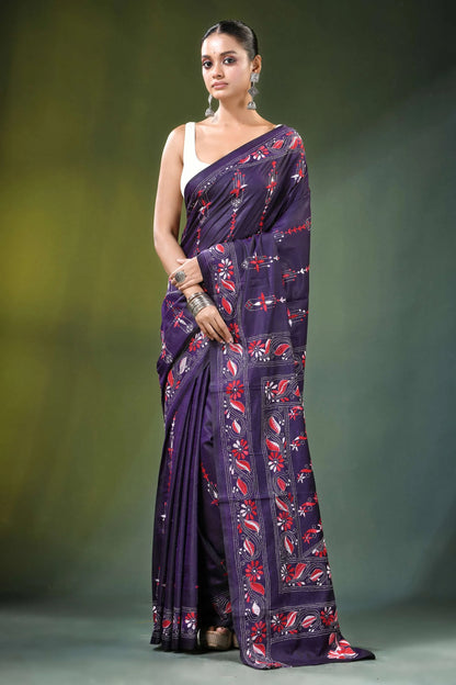 Deep purple floral vine handcrafted silk kantha stitch saree woman wears 1