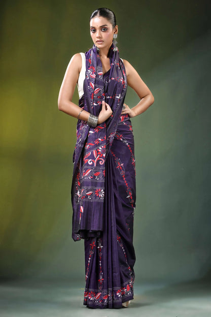 Deep purple floral vine handcrafted silk kantha stitch saree woman wears 7