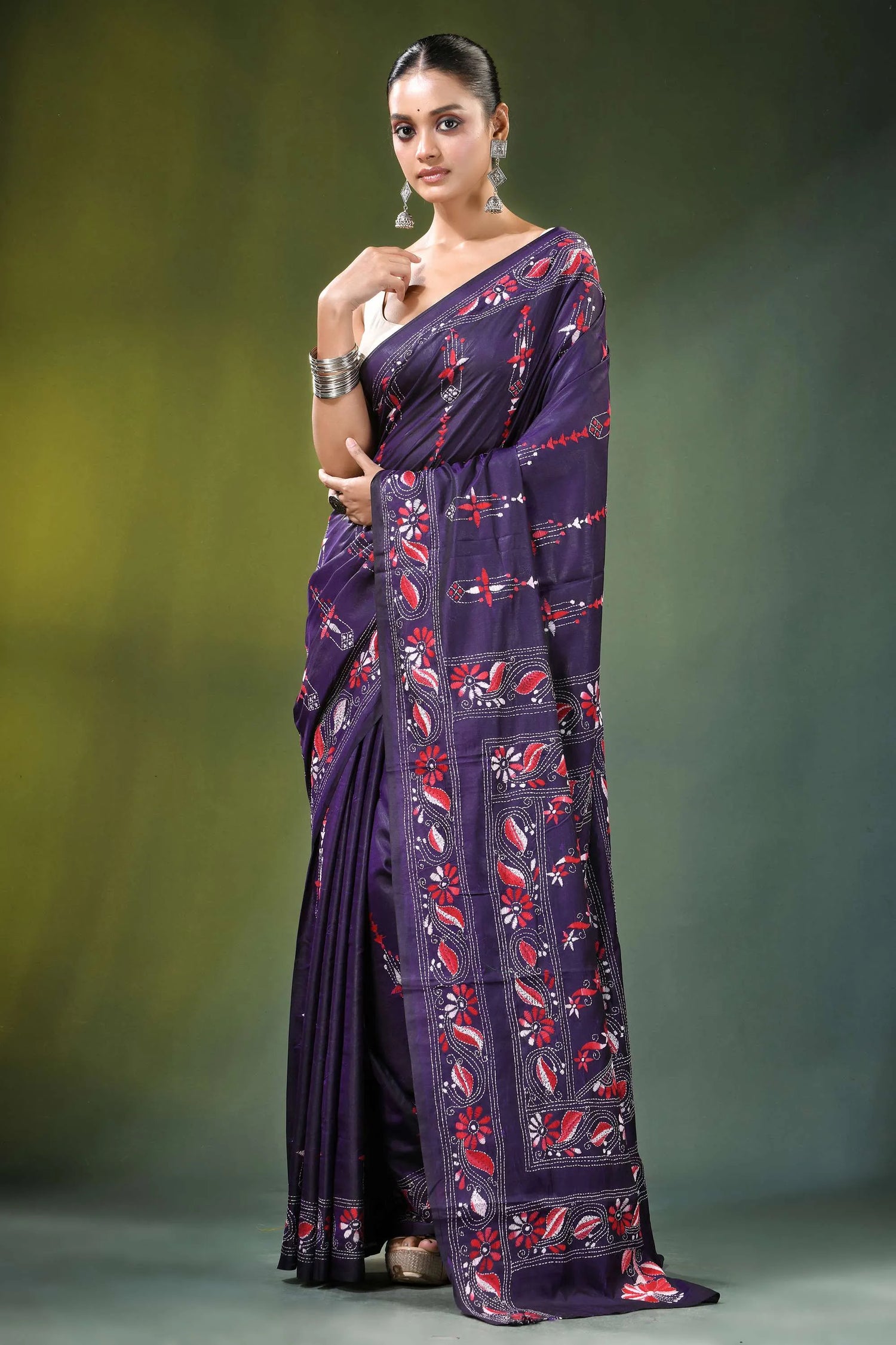 Deep purple floral vine handcrafted silk kantha stitch saree intricate red 6