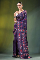 Deep purple floral vine handcrafted silk kantha stitch saree intricate red 6