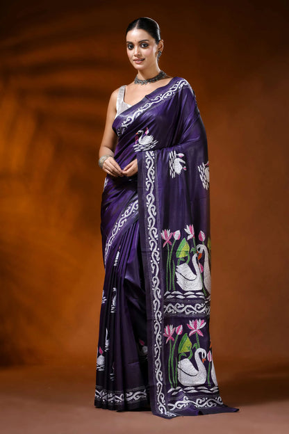 Deep purple handcrafted kantha silk saree with swan lotus design 6