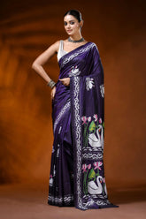 Deep purple handcrafted kantha silk saree with swan lotus design 1
