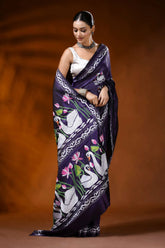 Deep purple handcrafted kantha silk saree with swan lotus design 4
